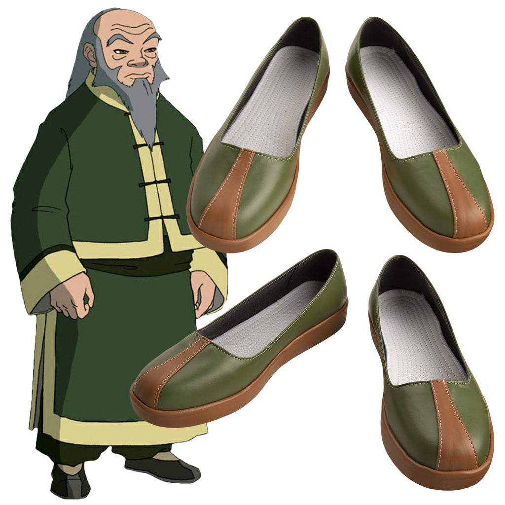 Iroh olive green slip-on cosplay shoes with brown toe stripes and soles, shown from several angles beside the character reference