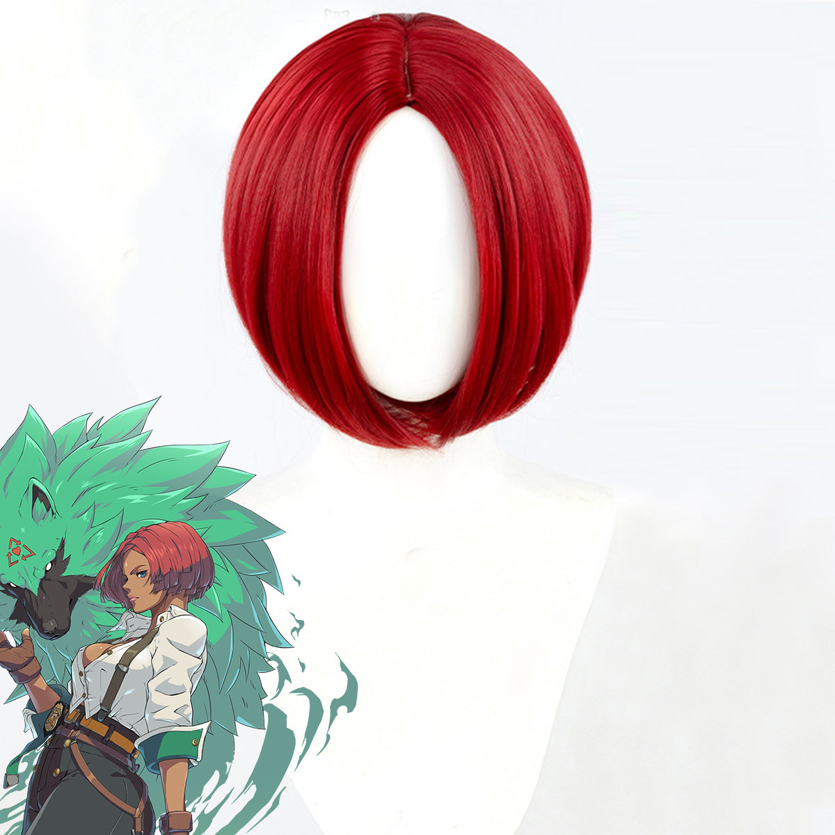 Guilty Gear Strive Giovanna red bob cosplay wig on a mannequin beside a character illustration