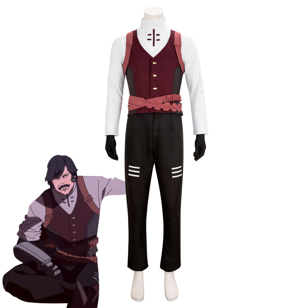 Falco cosplay outfit with a white high-collar shirt, burgundy vest, shoulder straps and black trousers beside the Edgerunners reference