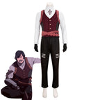Falco cosplay outfit with a white high-collar shirt, burgundy vest, shoulder straps and black trousers beside the Edgerunners reference