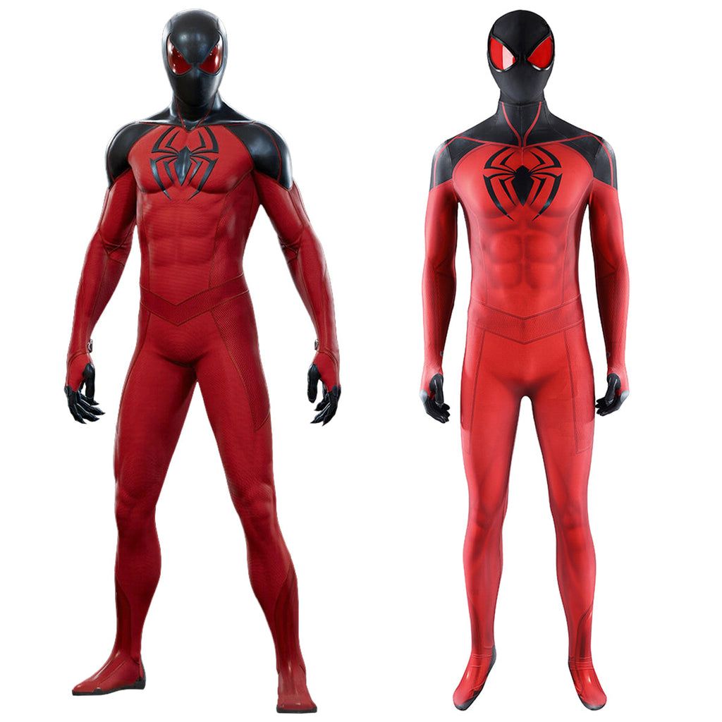 Marvel Spider-Man Scarlet Spider II red-and-black cosplay suit displayed beside a game character reference