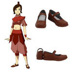 Ty Lee brown strap cosplay shoes shown from the front, side and back beside the Avatar character reference