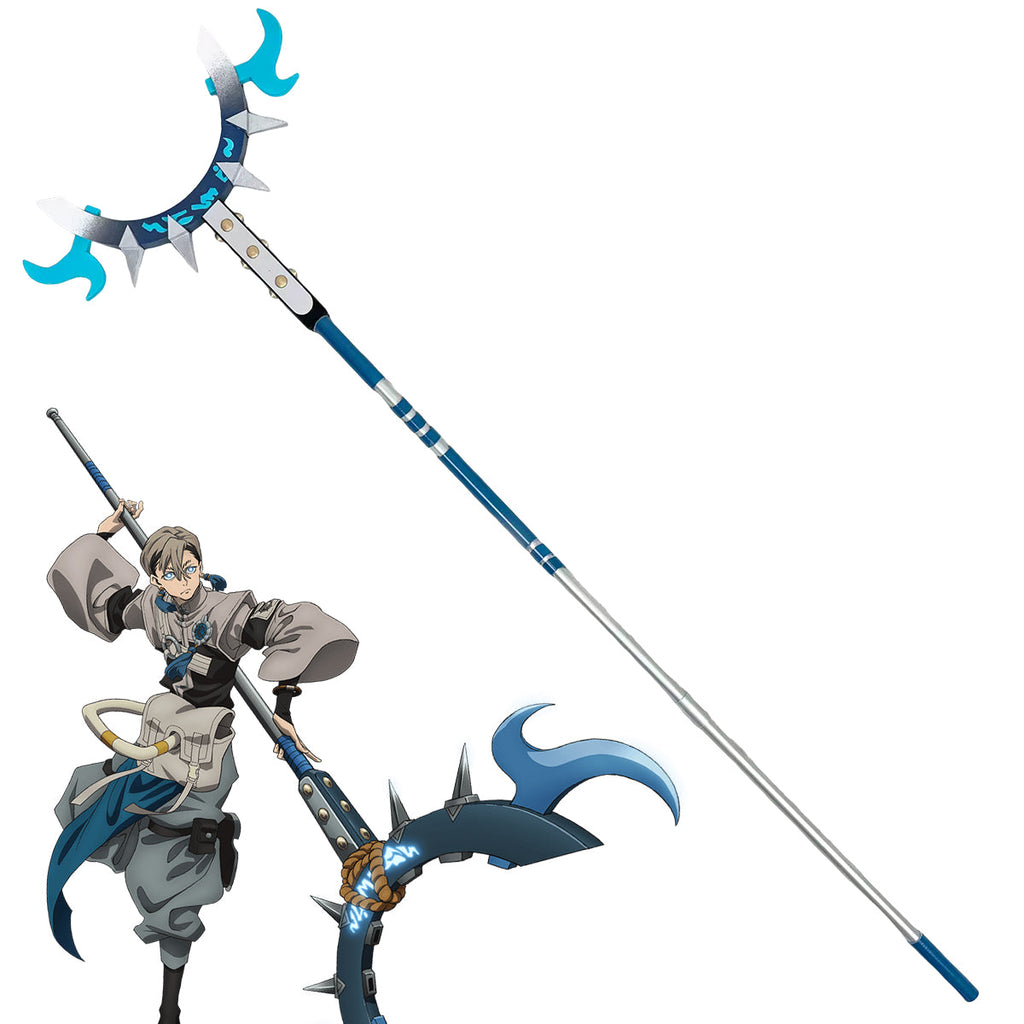 Gachiakuta Zanka long fork cosplay prop in blue and silver beside a character illustration