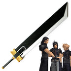 Crisis Core Final Fantasy VII broad black cosplay sword with a silver-colored edge and gold-colored guard beside character references