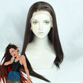 Hyuna long brown cosplay wig with a side part on a mannequin beside the Alien Stage character reference