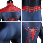 Back detail collage of the 2002 Spider-Man suit showing the neck, waist zipper and red spider emblem