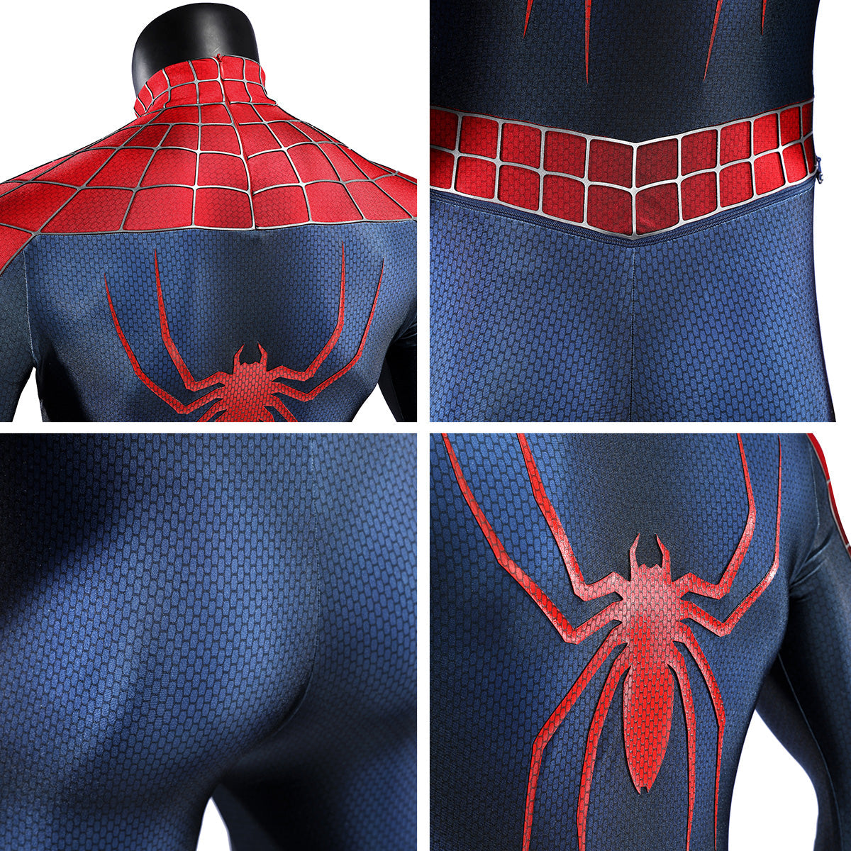 Back detail collage of the 2002 Spider-Man suit showing the neck, waist zipper and red spider emblem