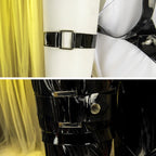 Evelyn Chevalier costume detail collage showing the black upper-arm band and buckled thigh straps