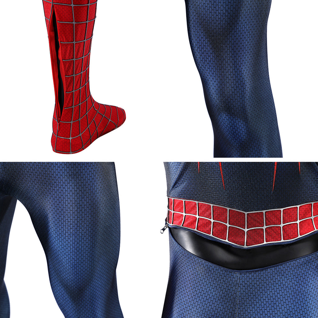 2002 Spider-Man costume close-ups showing an open calf zipper, navy leg panels and rear waist opening