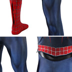 2002 Spider-Man costume close-ups showing an open calf zipper, navy leg panels and rear waist opening