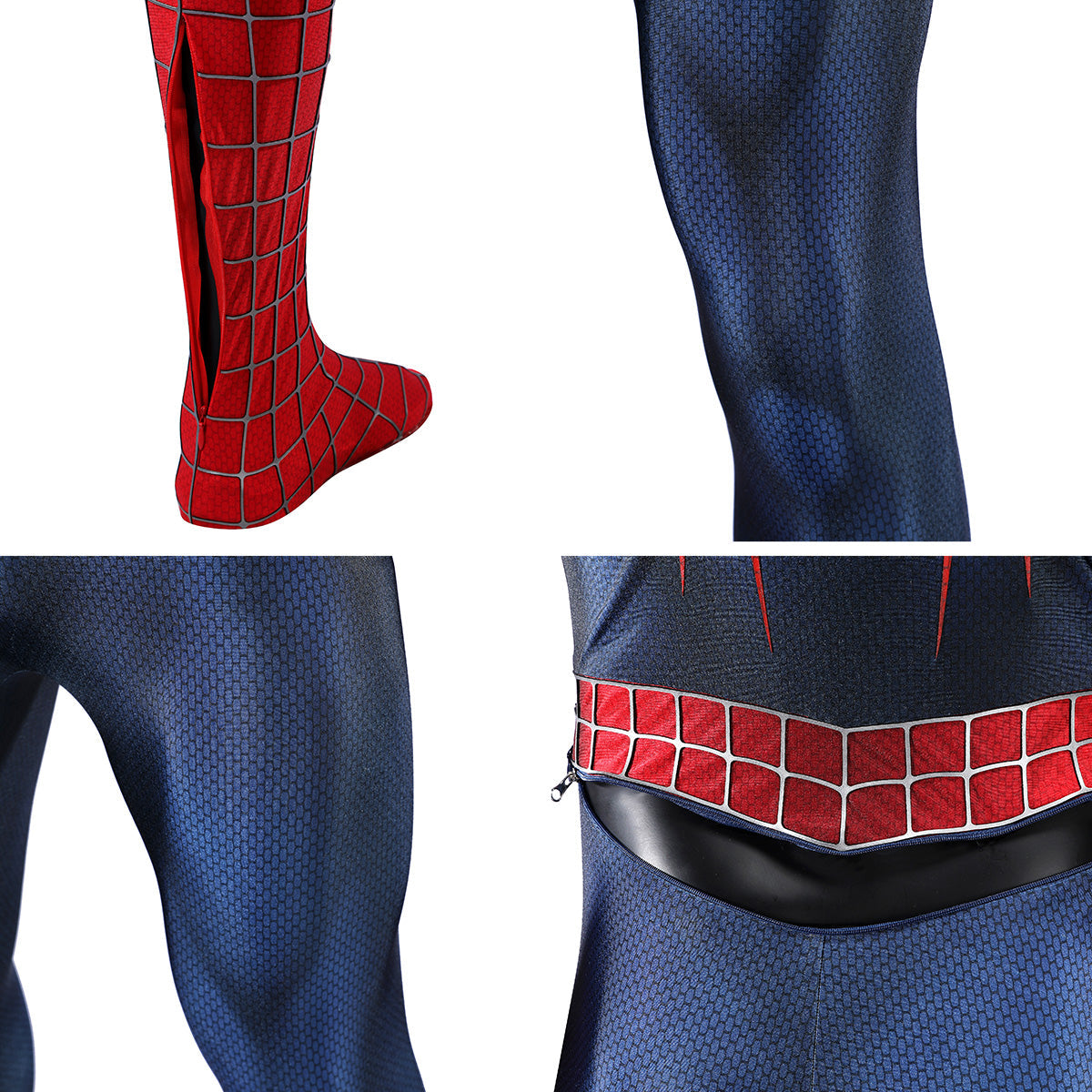 2002 Spider-Man costume close-ups showing an open calf zipper, navy leg panels and rear waist opening