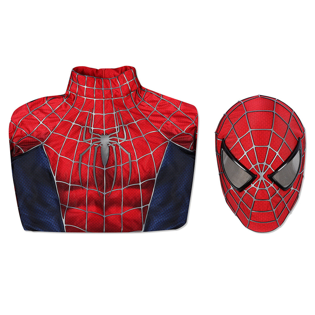 Tobey Maguire Spider-Man cosplay suit folded beside its red web-patterned mask