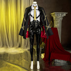Front view of the Evelyn Chevalier cosplay costume with gold-striped black coat and red lining