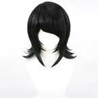 Front view of the Mukuro Ikusaba black wig with side-swept bangs, long face-framing strands and outward-flipped ends