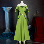 Full front view of the Keyleth green evening dress with an off-shoulder capelet, gold-colored waist trim and long gloves