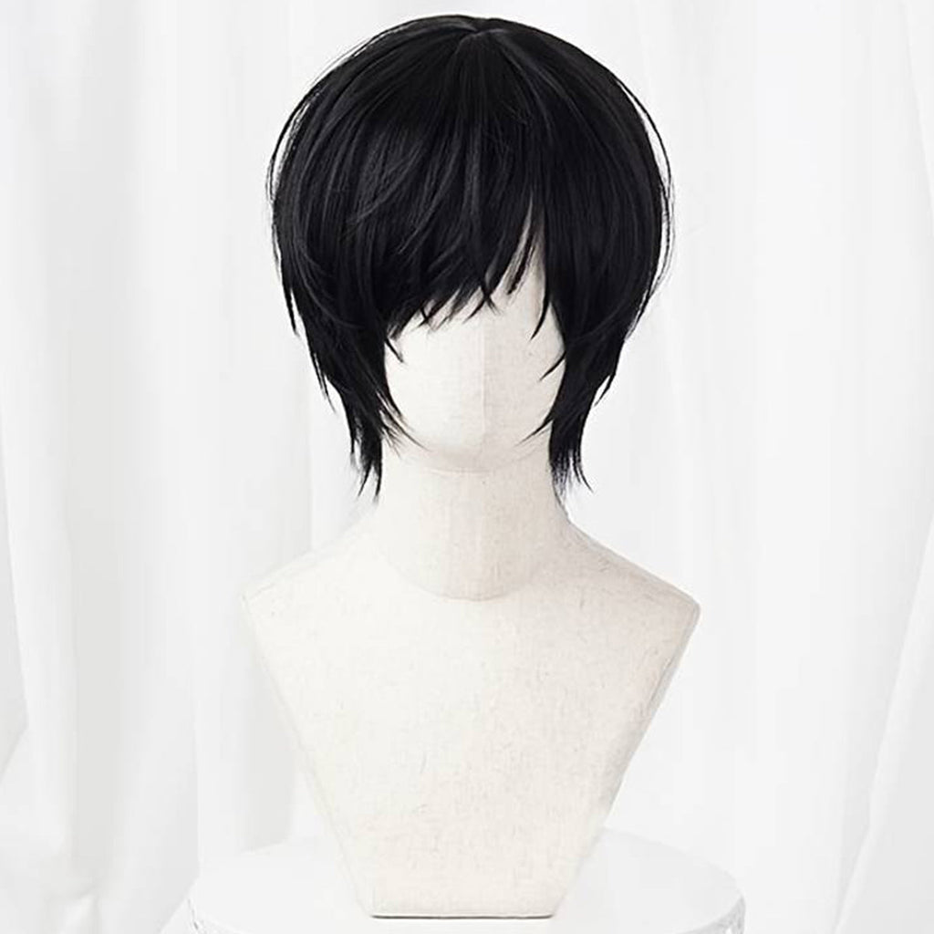 Front view of Sojiro Seta black wig showing long side-swept bangs and pointed face-framing layers