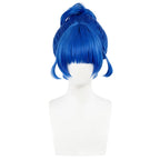 Front view of the Fearless D.Va blue wig showing straight bangs, curved side strands and a high gathered updo