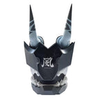 Front view of the Soukaku cosplay mask showing the white forehead symbol, angular gray panels and two tall horns