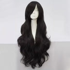 Front view of Shego long black wig showing sweeping bangs and flowing wavy lengths