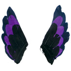 Pair of Enna Alouette wing-shaped headwear accessories showing layered black, purple and dark blue feathers