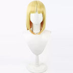 Front view of the Ayaka Sajyou golden bob wig showing short bangs and longer inward-curving front sections