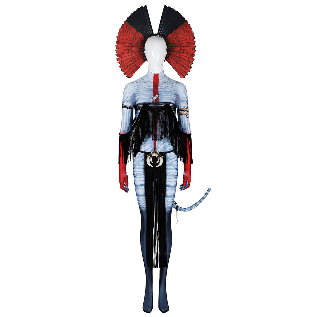 Full front view of the Varang costume with fan-shaped headpiece, black chest fringe, long waist fringe and blue striped tail