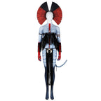 Full front view of the Varang costume with fan-shaped headpiece, black chest fringe, long waist fringe and blue striped tail