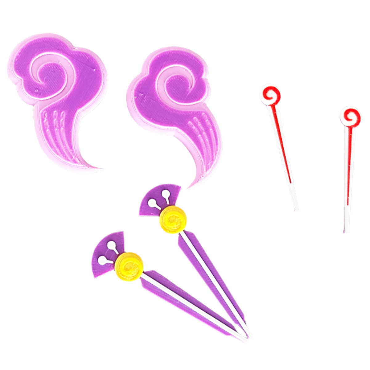Yumemizuki Mizuki hair accessories laid out separately, with pink swirl ornaments and purple and red hairpins