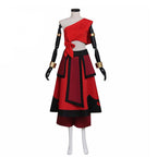 Front view of the Katara red one-shoulder top and layered skirt with black trim and gold-colored cuffs