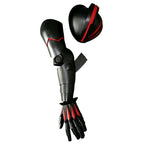 Hajime Nagumo black arm armor displayed upright with a separate shoulder guard and red hand accents