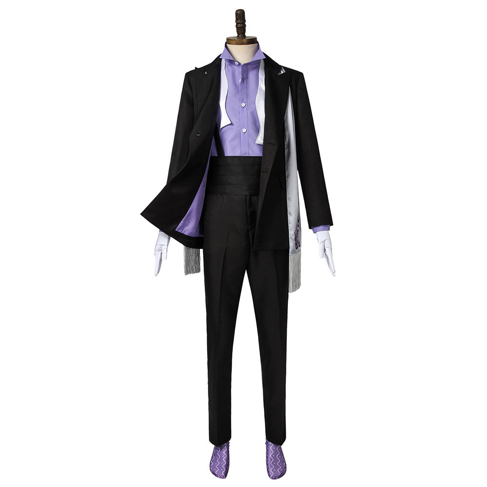 Front view of the Floyd Leech black suit with a purple shirt, wide cummerbund, white gloves and fringed scarf