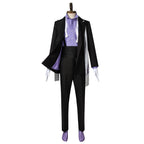 Front view of the Floyd Leech black suit with a purple shirt, wide cummerbund, white gloves and fringed scarf