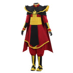 Front view of the Zuko red and black costume with gold-colored trim, broad shoulder panels and a wide waist sash
