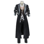Front view of the Eizen cosplay outfit with a long black coat, striped vest, white shirt and dark trousers