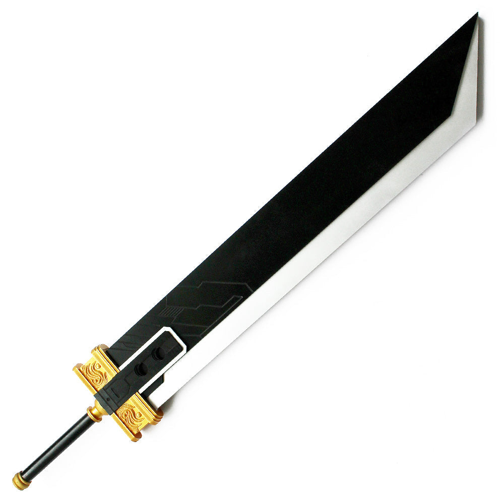 Full view of the Crisis Core Final Fantasy VII sword prop with a broad black blade, silver-colored edge and gold-colored guard