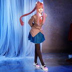 Front model view of the Doki Doki Literature Club uniform showing the buttoned brown blazer and blue pleated skirt