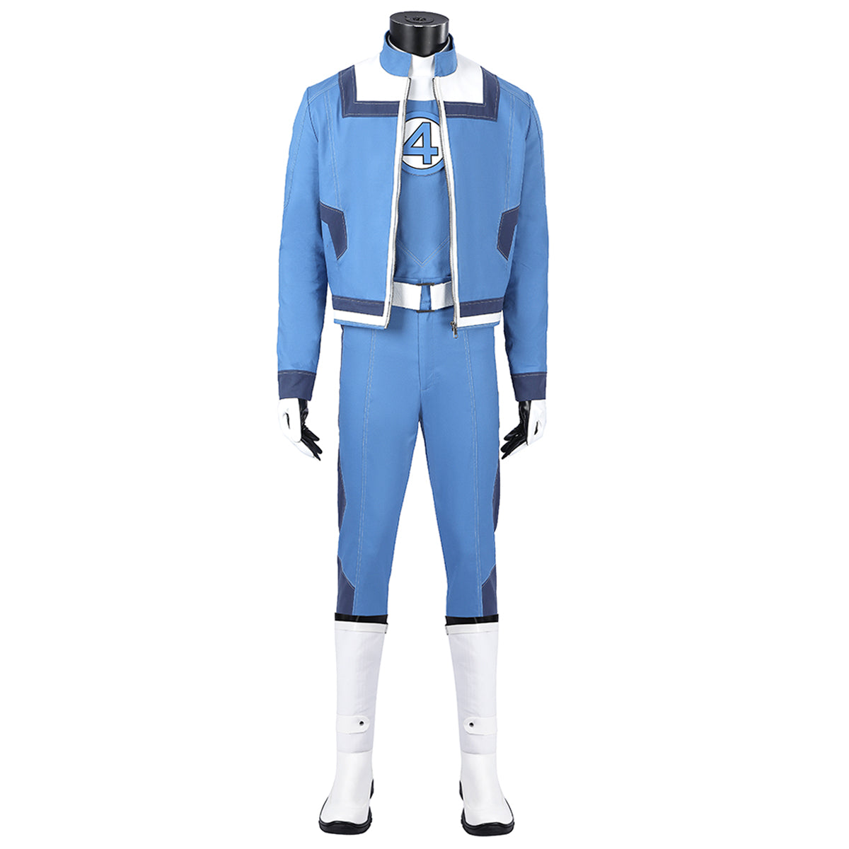 Front view of the Human Torch blue costume with an open jacket, number 4 chest emblem and white boots