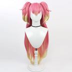 Front view of the Inukai Komugi long pink wig with yellow-tipped bangs and curled twin ponytails