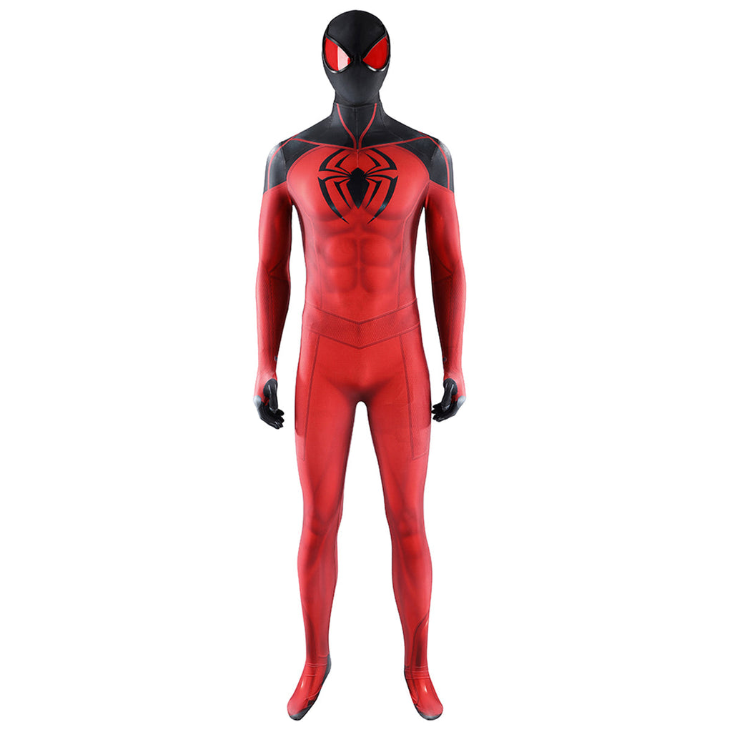 Full front view of Scarlet Spider II cosplay suit with black chest spider emblem and black mask with red eyes