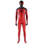 Full front view of Scarlet Spider II cosplay suit with black chest spider emblem and black mask with red eyes
