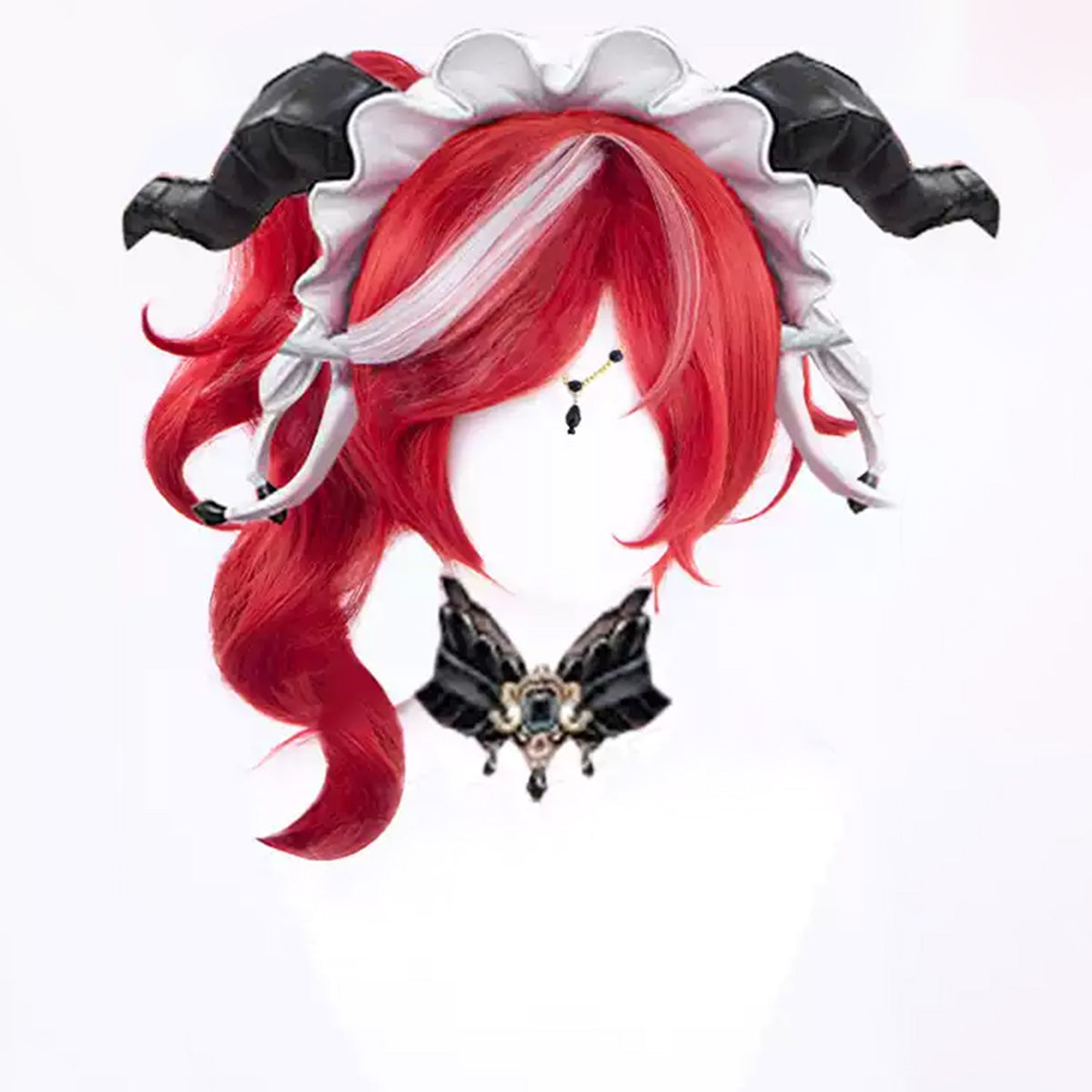 Fiona Gilman Crimson Priestess accessories styled on a mannequin with black horns, white ruffles and a forehead chain