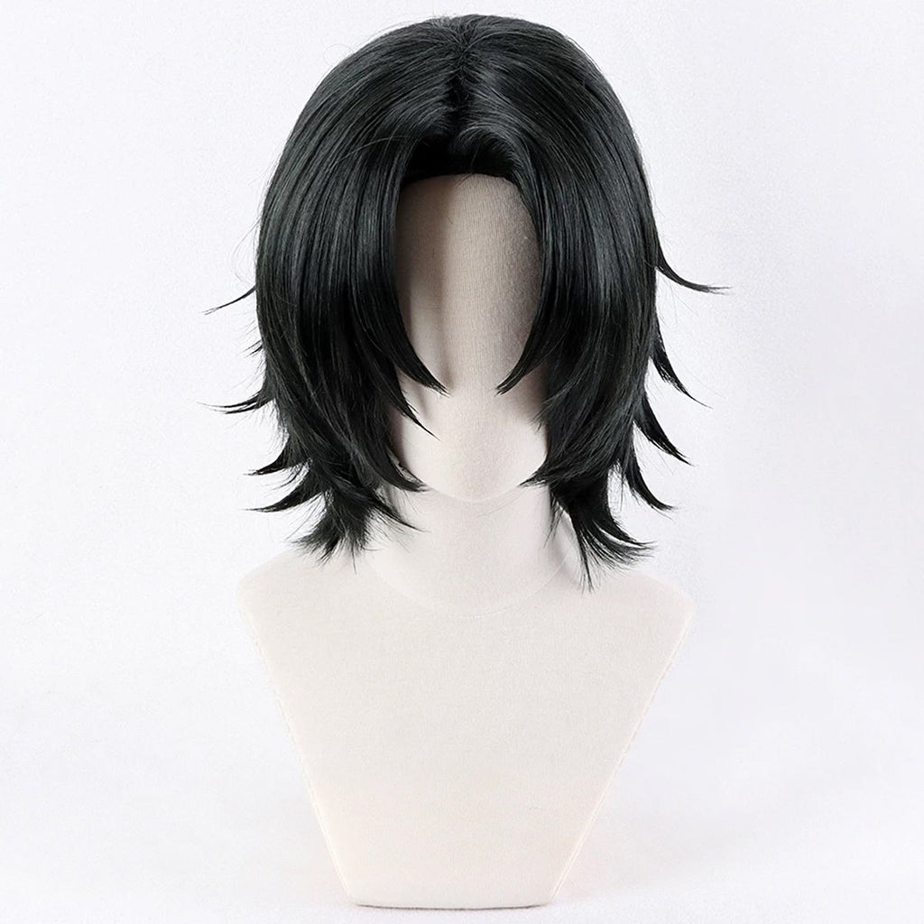 Front view of Genichi Sojo black wig showing center-parted bangs and outward-pointing layered ends