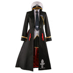 Front view of the Enterprise costume with a long black coat, gold-colored trim, dark tie and white peaked cap