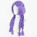 Front angled view of Yunara purple wig showing parted bangs, curved bob sections and four long braids