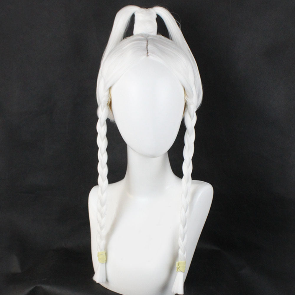 Front view of the Princess Yue white wig with two braids, pale yellow ties and a raised looped ponytail