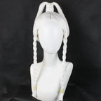Front view of the Princess Yue white wig with two braids, pale yellow ties and a raised looped ponytail