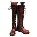 Front and angled view of the Lady reddish-brown cosplay boots showing black laces, rounded toes and low black heels