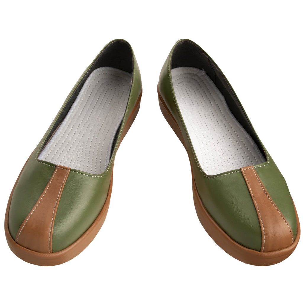 Front view of the Iroh olive green slip-on shoes with brown toe stripes and light-colored stitched insoles