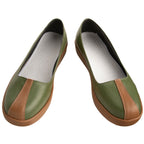Front view of the Iroh olive green slip-on shoes with brown toe stripes and light-colored stitched insoles