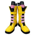 Front view of the Jubilee yellow boots showing pink straps across black tongues and rounded toes